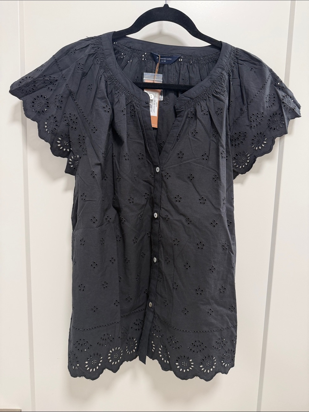 Denver Hayes Black Eyelet Button-Front Blouse